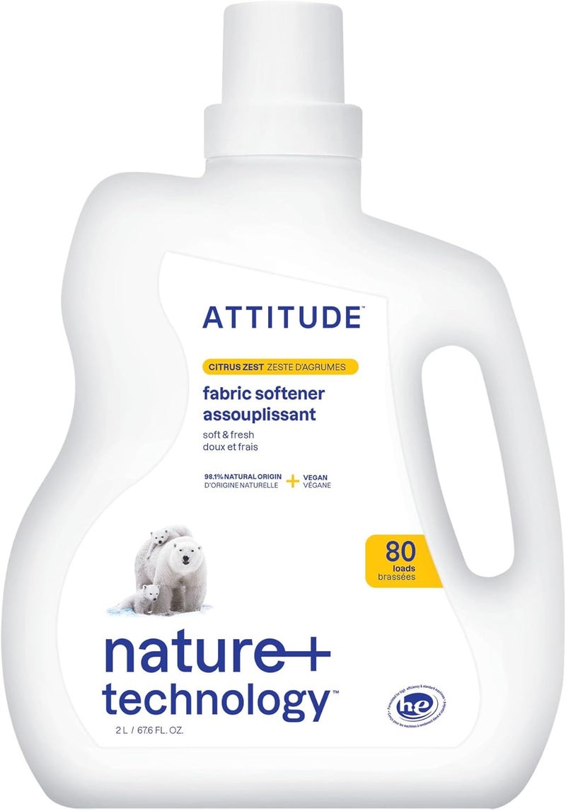 ATTITUDE منعم الأقمشة السائل للغسيل، منظف نباتي ومشتق طبيعيًا، قائم على النباتات، متوافق مع الغسالات عالية الكفاءة، نكهة الحمضيات، 80 حمولة، 67.6 أونصة سائلة - Image 1