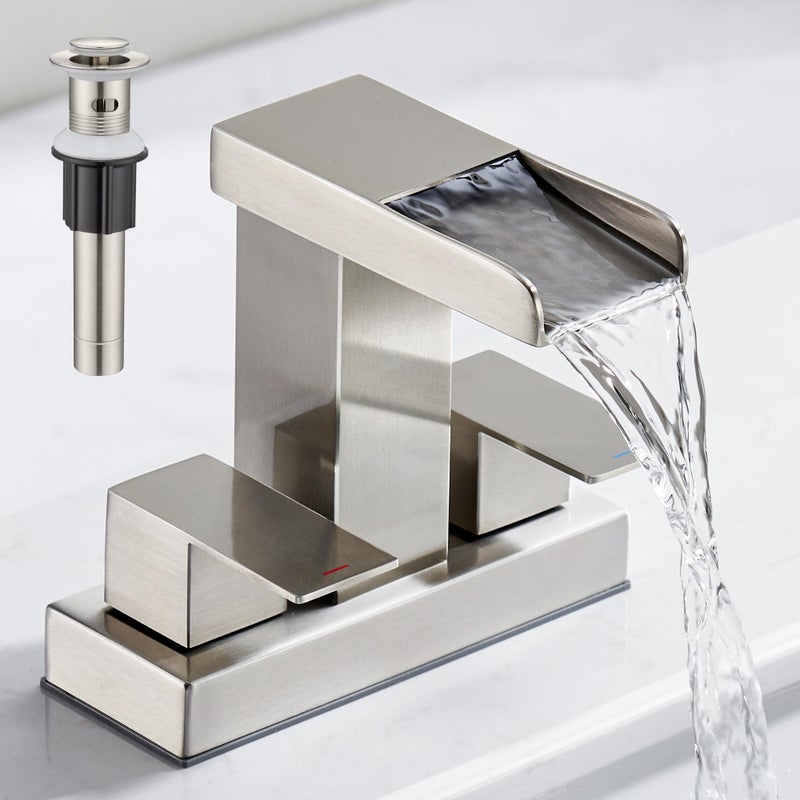 TIORIY Waterfall Bathroom Faucet for Sink 3 Hole 4 inch Brushed Nickel Waterfall Sink Faucets with Popup Drain and 2 Supply Hoses Stainless Steel 2Handle Centerset Faucet for Sink Vanity T6008BN - Image 2