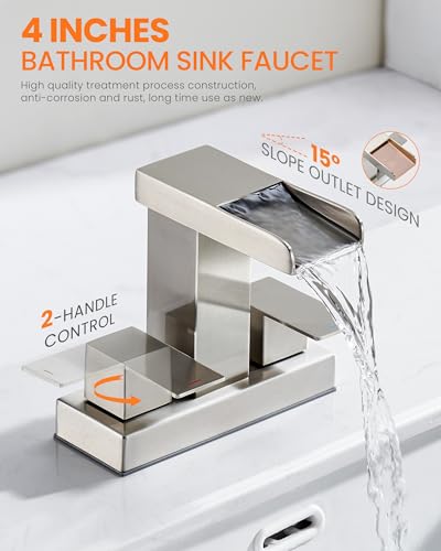 TIORIY Waterfall Bathroom Faucet for Sink 3 Hole 4 inch Brushed Nickel Waterfall Sink Faucets with Popup Drain and 2 Supply Hoses Stainless Steel 2Handle Centerset Faucet for Sink Vanity T6008BN - Image 3