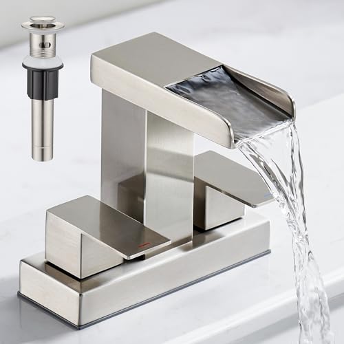 TIORIY Waterfall Bathroom Faucet for Sink 3 Hole 4 inch Brushed Nickel Waterfall Sink Faucets with Popup Drain and 2 Supply Hoses Stainless Steel 2Handle Centerset Faucet for Sink Vanity T6008BN - Image 1