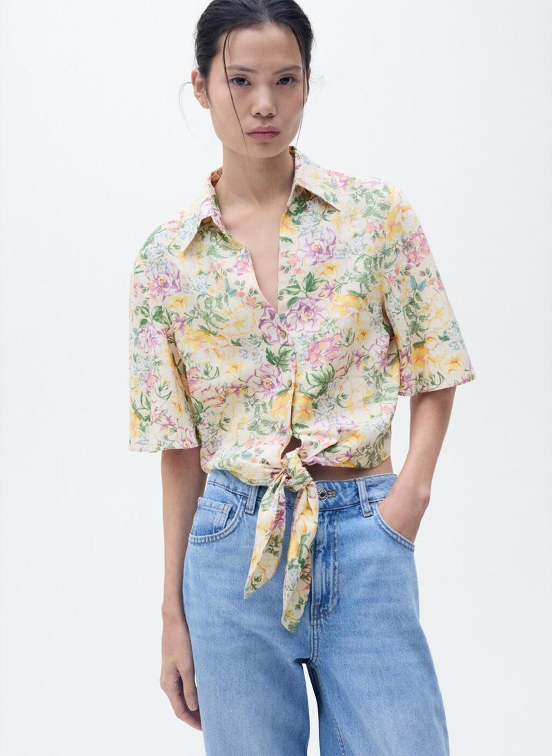 MANGO - Floral Linen With Knot Detail Shirt - Image 1