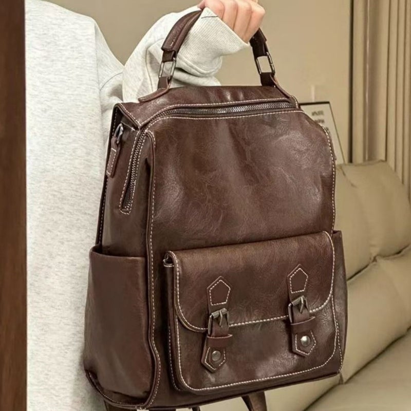 College Student Backpack, PU Leather, Solid Color, 2024 Commuter Style - Image 1