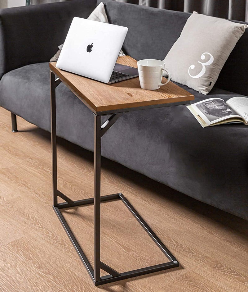 INDIAN DECOR INDIAN DECOR RW149 Rectangle C Shaped End Snack Side Table Slide Under Couch with Solid Wood Top for Sofa Coffee Laptop Living Room Bedroom Small Space 235X135X265  - Image 1