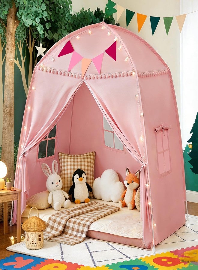 jiangcha Large Teepee Tent for Kids: with Star Lights & Flags - 3-Window Cone Ball Playhouse for Indoor & Outdoor - Portable & Foldable Gift for Boys & Girls - Pink, 59.1"x39.4"x59.1" - Image 1