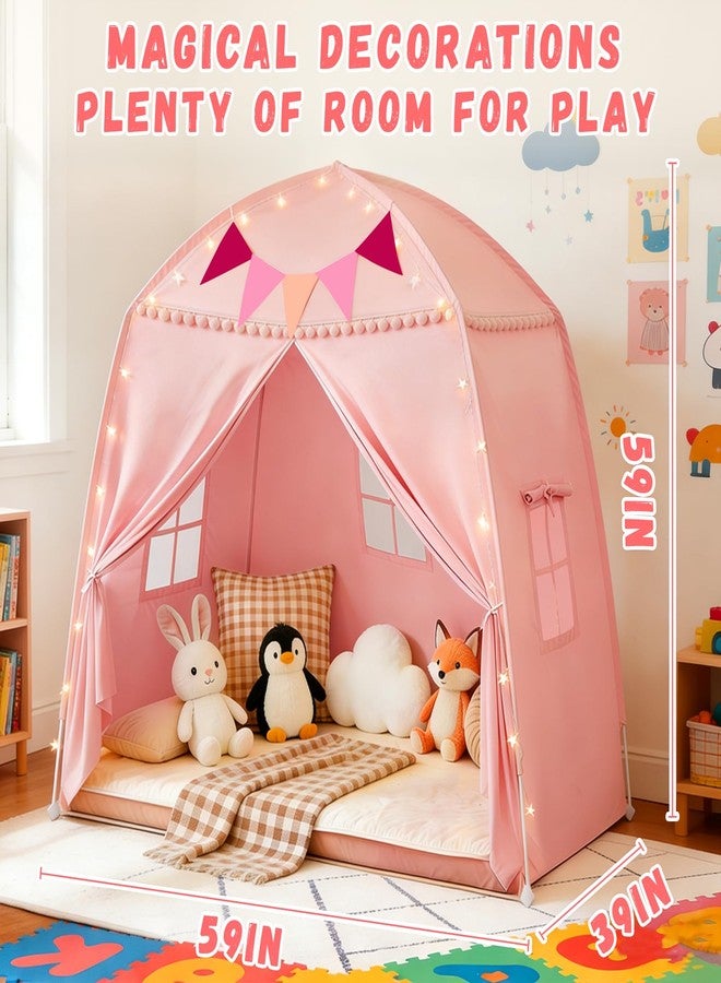 jiangcha Large Teepee Tent for Kids: with Star Lights & Flags - 3-Window Cone Ball Playhouse for Indoor & Outdoor - Portable & Foldable Gift for Boys & Girls - Pink, 59.1"x39.4"x59.1" - Image 2