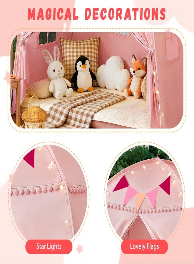 jiangcha Large Teepee Tent for Kids: with Star Lights & Flags - 3-Window Cone Ball Playhouse for Indoor & Outdoor - Portable & Foldable Gift for Boys & Girls - Pink, 59.1"x39.4"x59.1" - Image 3