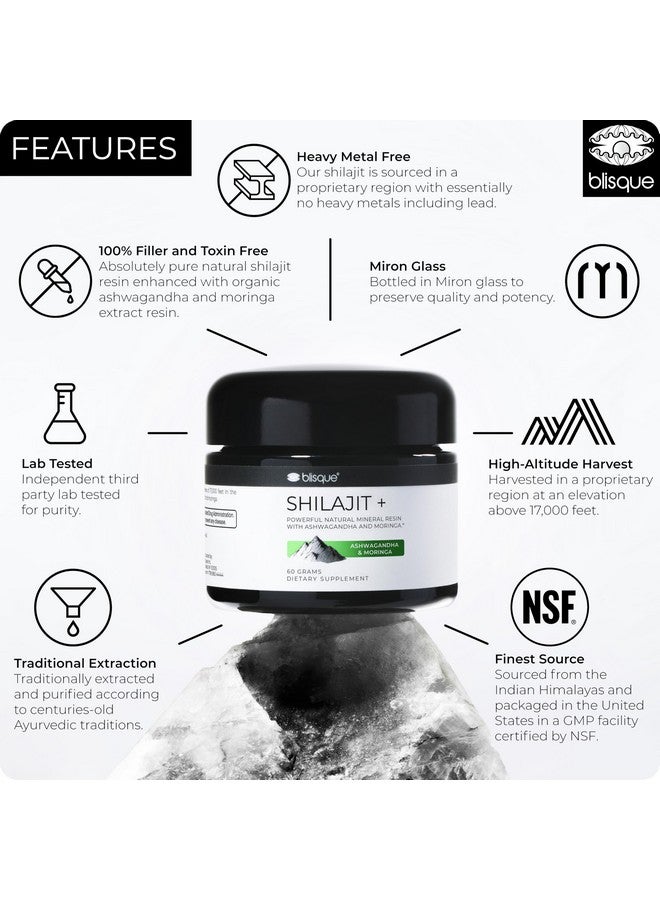 Blisque - Pure Himalayan Organic Shilajit Resin Supplement | with Organic Ashwagandha and Moringa | Authentic and Natural | Golden Grade A | Contains Fulvic Acid and Trace Minerals | 60 Grams - Image 3
