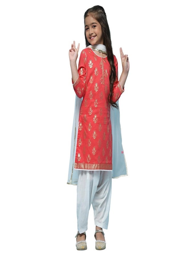 Biba Girls' Cotton Printed Straight Salwar Suit Set (Kw2953_Red_5) - Image 1