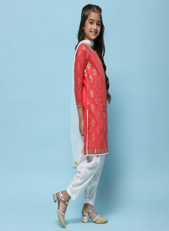 Biba Girls' Cotton Printed Straight Salwar Suit Set (Kw2953_Red_5) - Image 3