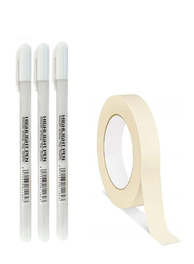 Definite قلم جل أبيض ناصع للرسم اليدوي وتحديد التفاصيل في فن الماندالا، والورق الأسود، والرسم باستخدام شريط لاصق (1 بوصة 20 متر) (عبوة من 3 أقلام وشريط لاصق) - Image 1