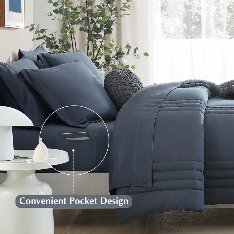 Monbix Queen Comforter Set - 7 Pieces Blue Gray Bed in a Bag Queen Bedding Sets with Comforters, All Seasons Comforter Bed Set with Sheets,Pillowcases & Shams - Image 4