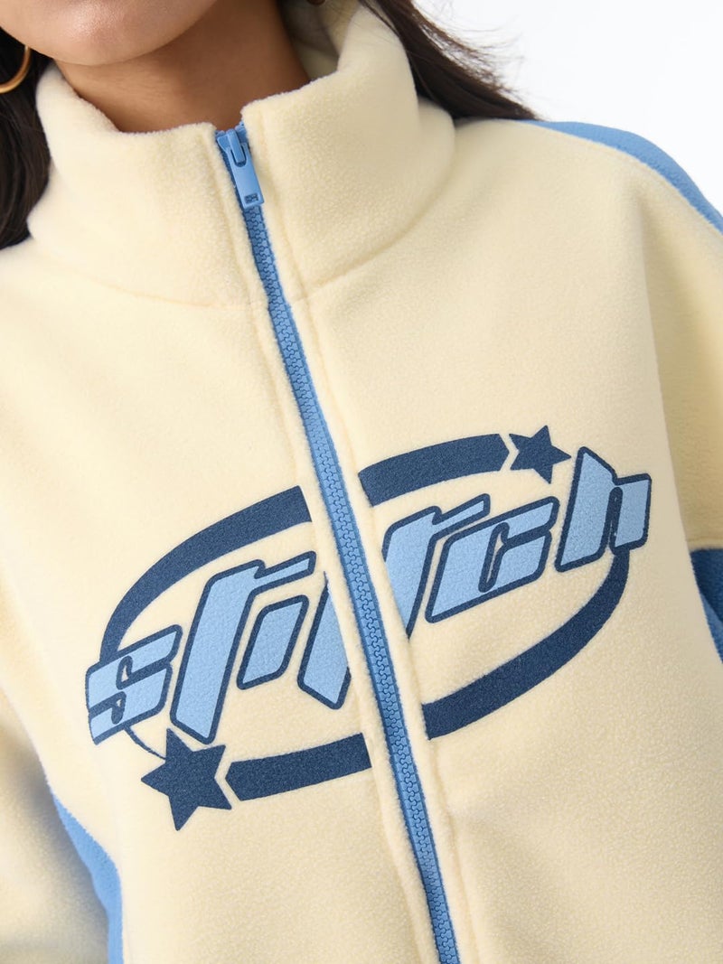 The Souled Store Lilo & Stitch: Starry Dreams Women and Girls Full Sleeves Mock Neck Light Yellow and Blue Graphic Printed Cotton Polyester Oversized Fit Winter Polar Fleece Jacket - Image 3