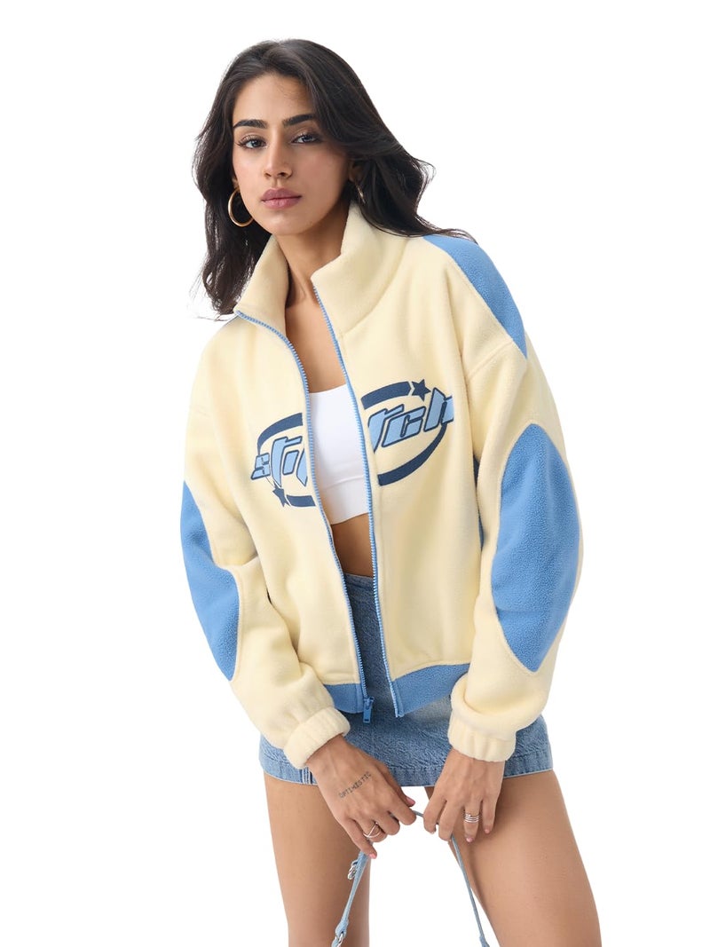 The Souled Store Lilo & Stitch: Starry Dreams Women and Girls Full Sleeves Mock Neck Light Yellow and Blue Graphic Printed Cotton Polyester Oversized Fit Winter Polar Fleece Jacket - Image 1
