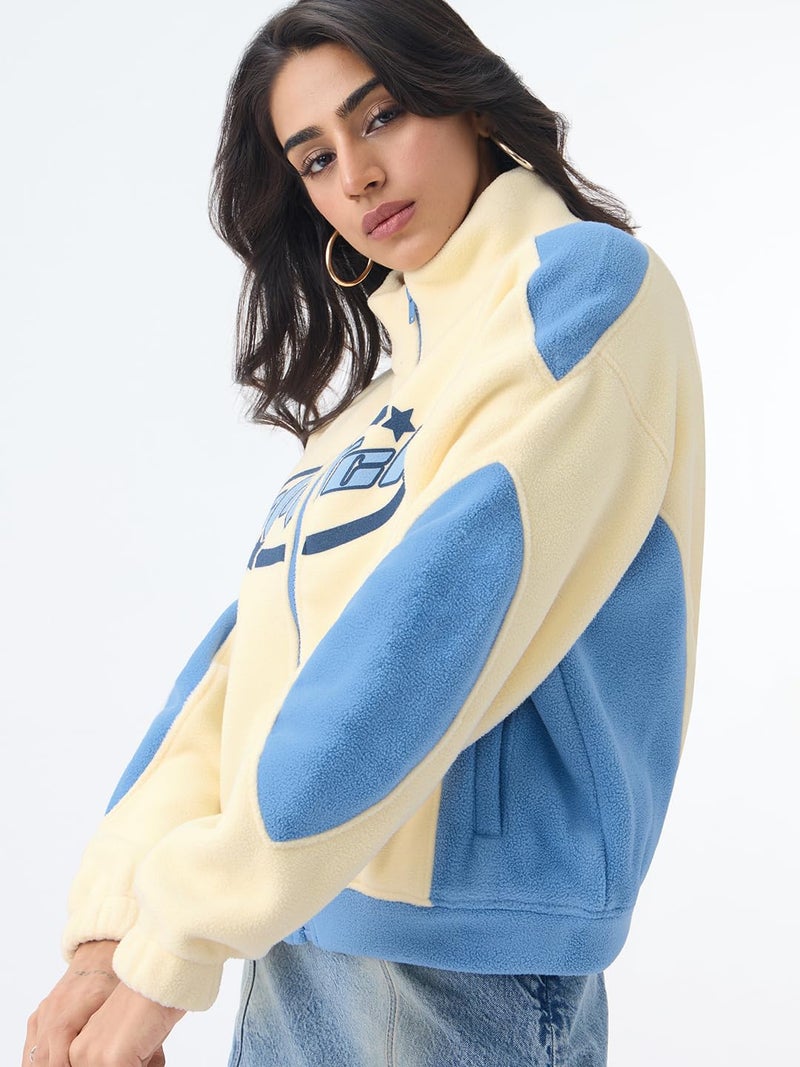 The Souled Store Lilo & Stitch: Starry Dreams Women and Girls Full Sleeves Mock Neck Light Yellow and Blue Graphic Printed Cotton Polyester Oversized Fit Winter Polar Fleece Jacket - Image 4