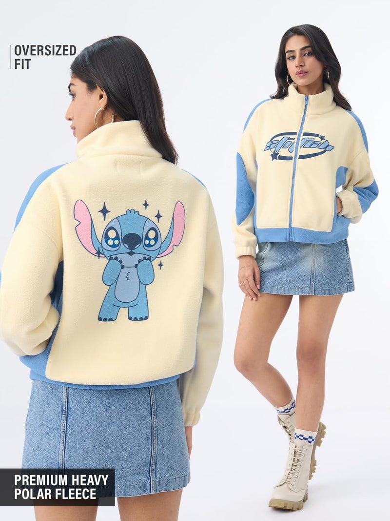 The Souled Store Lilo & Stitch: Starry Dreams Women and Girls Full Sleeves Mock Neck Light Yellow and Blue Graphic Printed Cotton Polyester Oversized Fit Winter Polar Fleece Jacket - Image 2