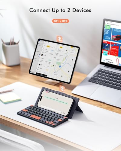 Doohoeek Universal Bluetooth Mini Keyboard, Wireless Compact Keyboard with Orange Navigation Keys & Any-Angle Stand for Android/iOS/Windows, Dual-Device Keypad for Phones/Galaxy Z Fold/iPad mini - Image 4