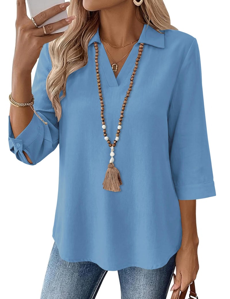 LOMON Linen Shirts for Women Cute Womens V Neck Tops 3/4 Length Sleeve Womens Tops Plus Size Spring Clothes for Women Blue XL - Image 1