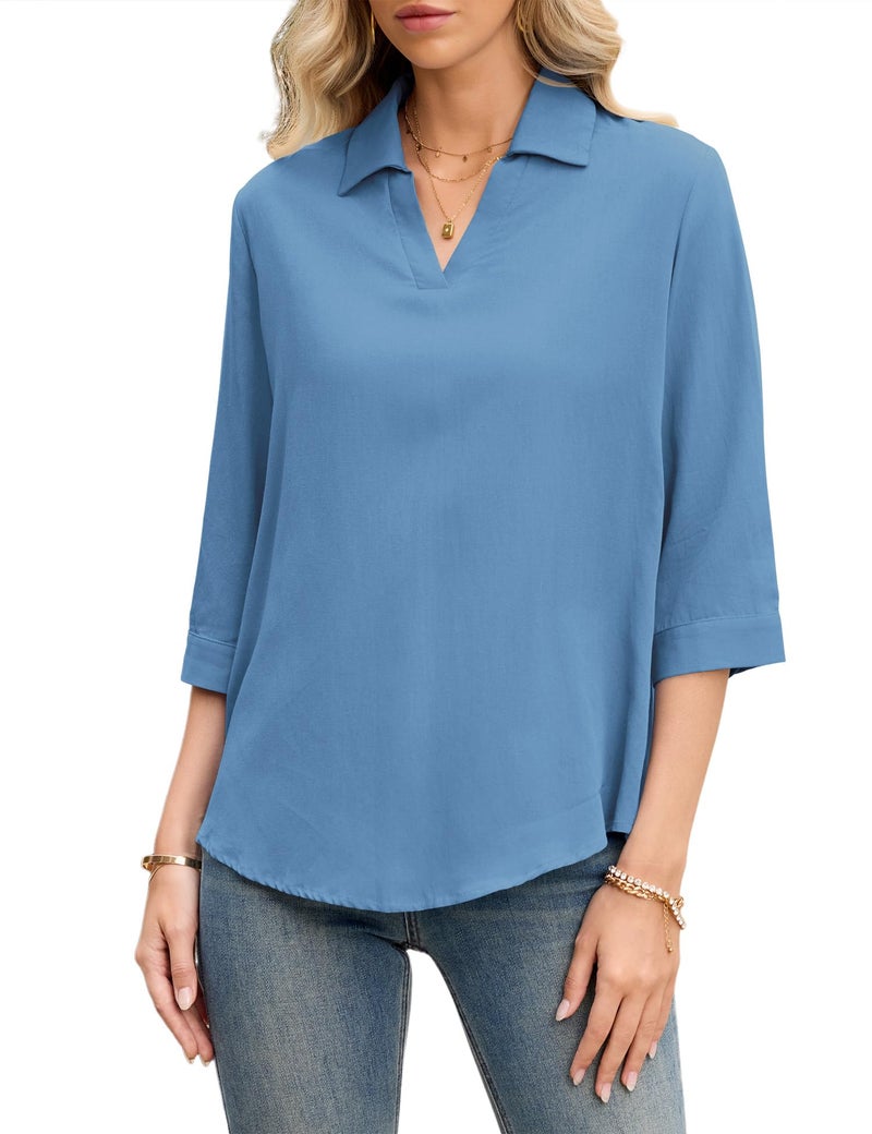 LOMON Linen Shirts for Women Cute Womens V Neck Tops 3/4 Length Sleeve Womens Tops Plus Size Spring Clothes for Women Blue XL - Image 2