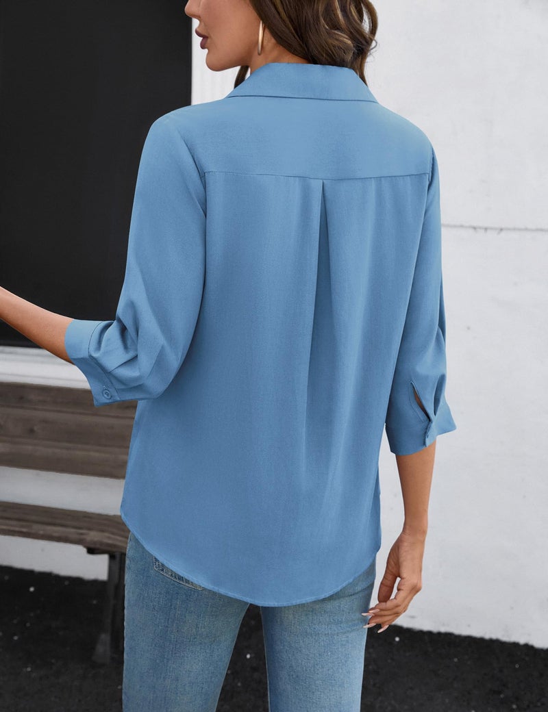 LOMON Linen Shirts for Women Cute Womens V Neck Tops 3/4 Length Sleeve Womens Tops Plus Size Spring Clothes for Women Blue XL - Image 3