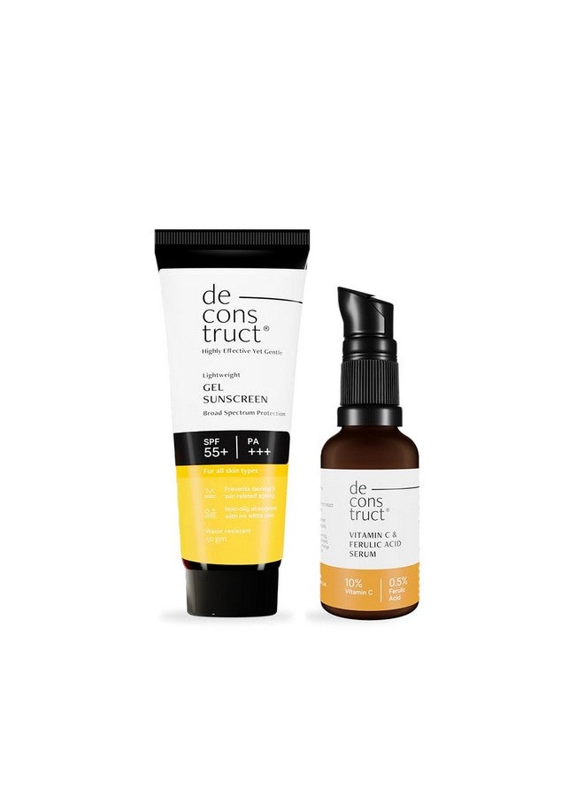 ديكونستركت مجموعة الحماية من الشمس | مصل الوجه بفيتامين سي بنسبة 10% (30 مل) + جل واقي من الشمس (50 جم) | احصلي على بشرة متوهجة مع الحماية من الشمس | عامل حماية من الشمس 50+ | بدون طبقة بيضاء، غير مهيج وخفيف الوزن | عبوة من قطعتين - Image 1