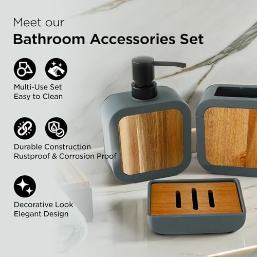 UMAI 3Pcs ABS Bathroom Accessories Set | Soap Dispenser for Bathroom(380ml), Toothbrush Holder & Soap Holder for Bathroom | Handwash Dispenser | Soap Case for Bathroom | Bathroom Organiser- Grey - Image 3