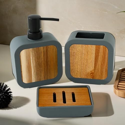 UMAI 3Pcs ABS Bathroom Accessories Set | Soap Dispenser for Bathroom(380ml), Toothbrush Holder & Soap Holder for Bathroom | Handwash Dispenser | Soap Case for Bathroom | Bathroom Organiser- Grey - Image 1
