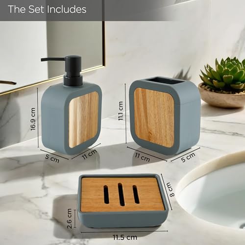 UMAI 3Pcs ABS Bathroom Accessories Set | Soap Dispenser for Bathroom(380ml), Toothbrush Holder & Soap Holder for Bathroom | Handwash Dispenser | Soap Case for Bathroom | Bathroom Organiser- Grey - Image 5