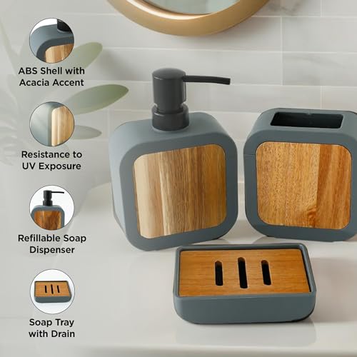 UMAI 3Pcs ABS Bathroom Accessories Set | Soap Dispenser for Bathroom(380ml), Toothbrush Holder & Soap Holder for Bathroom | Handwash Dispenser | Soap Case for Bathroom | Bathroom Organiser- Grey - Image 4