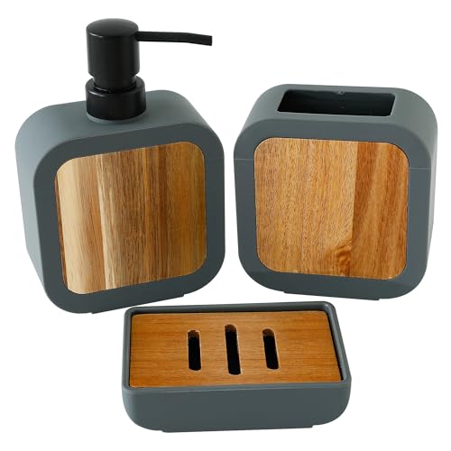UMAI 3Pcs ABS Bathroom Accessories Set | Soap Dispenser for Bathroom(380ml), Toothbrush Holder & Soap Holder for Bathroom | Handwash Dispenser | Soap Case for Bathroom | Bathroom Organiser- Grey - Image 2