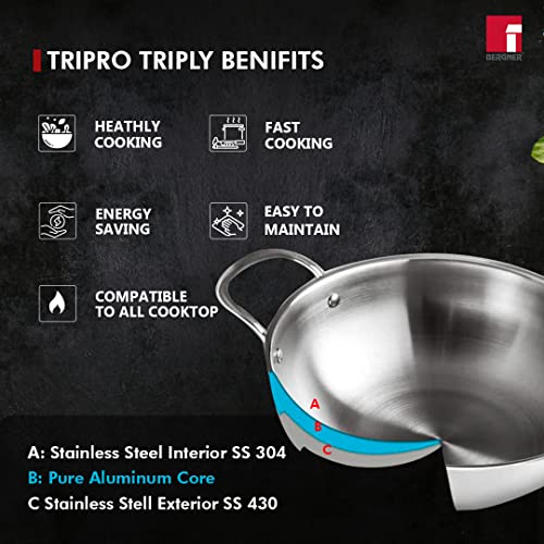 Bergner Tripro Triply Stainless Steel 4 Pc Cookware Set, 24 cm Indian Wok/Kadai with Lid, 22 cm Frypan, 16 cm Tea Pan, Even and Fast Heating, Induction Bottom, Gas Ready, Silver - Image 3