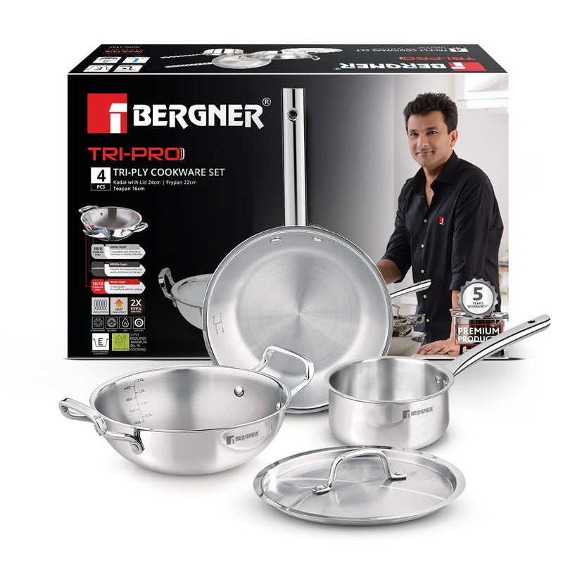 Bergner Tripro Triply Stainless Steel 4 Pc Cookware Set, 24 cm Indian Wok/Kadai with Lid, 22 cm Frypan, 16 cm Tea Pan, Even and Fast Heating, Induction Bottom, Gas Ready, Silver - Image 5