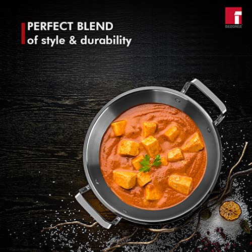 Bergner Tripro Triply Stainless Steel 4 Pc Cookware Set, 24 cm Indian Wok/Kadai with Lid, 22 cm Frypan, 16 cm Tea Pan, Even and Fast Heating, Induction Bottom, Gas Ready, Silver - Image 4
