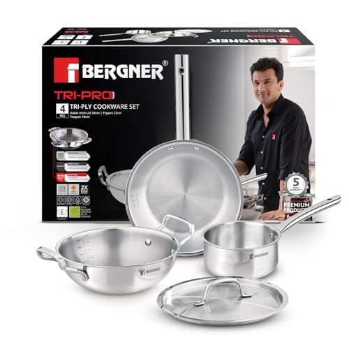 Bergner Tripro Triply Stainless Steel 4 Pc Cookware Set, 24 cm Indian Wok/Kadai with Lid, 22 cm Frypan, 16 cm Tea Pan, Even and Fast Heating, Induction Bottom, Gas Ready, Silver - Image 1