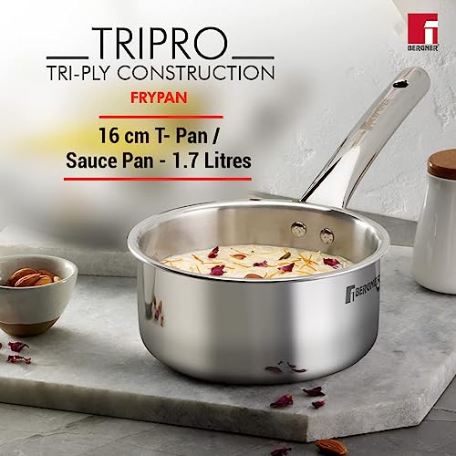 Bergner Tripro Triply Stainless Steel 4 Pc Cookware Set, 24 cm Indian Wok/Kadai with Lid, 22 cm Frypan, 16 cm Tea Pan, Even and Fast Heating, Induction Bottom, Gas Ready, Silver - Image 2