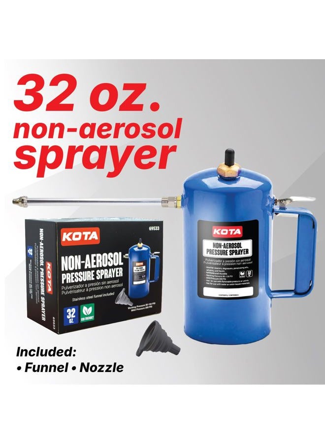 LAUCO Non Aerosol Pressure Sprayer - Refillable Pressurized Sprayer Bottle for Oil, Solvent, Degreasers, Lubricants - Rechargeable Steel Canister with Brass Nozzles, 32oz. (1, Blue) - Image 2