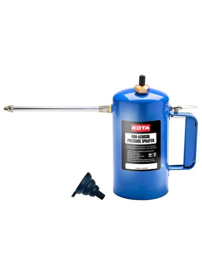LAUCO Non Aerosol Pressure Sprayer - Refillable Pressurized Sprayer Bottle for Oil, Solvent, Degreasers, Lubricants - Rechargeable Steel Canister with Brass Nozzles, 32oz. (1, Blue) - Image 1