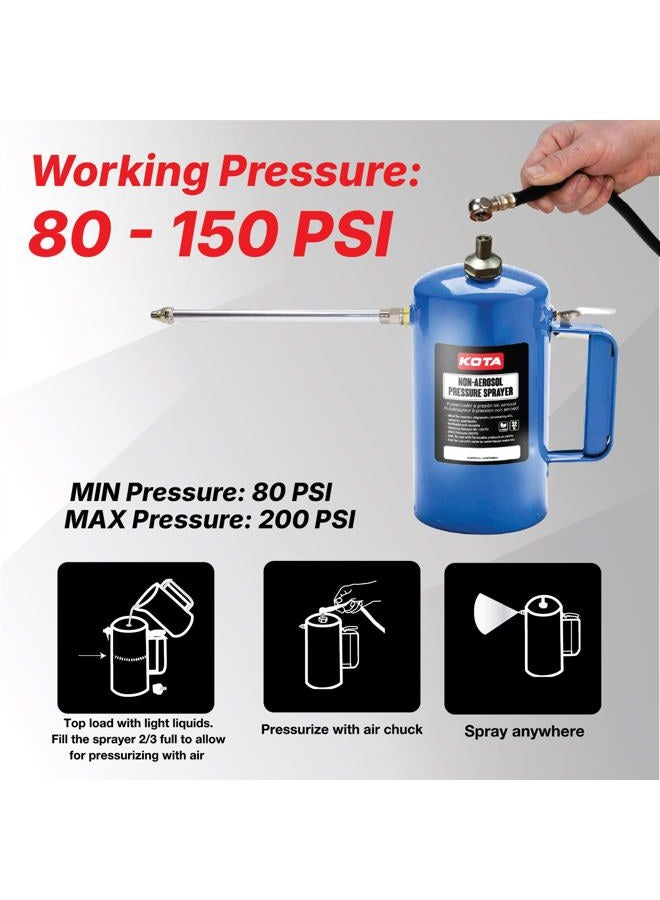 LAUCO Non Aerosol Pressure Sprayer - Refillable Pressurized Sprayer Bottle for Oil, Solvent, Degreasers, Lubricants - Rechargeable Steel Canister with Brass Nozzles, 32oz. (1, Blue) - Image 4