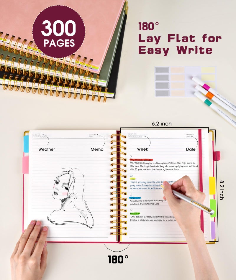 dilitego Hardcover Spiral Notebook journal with Removable Dividers Tabs, 300 Pages Leather 5 Subject Notebook College Ruled, 100GMS A5 Notebooks for Work School Note taking,Lined Journal for Women,A5-Rose - Image 3