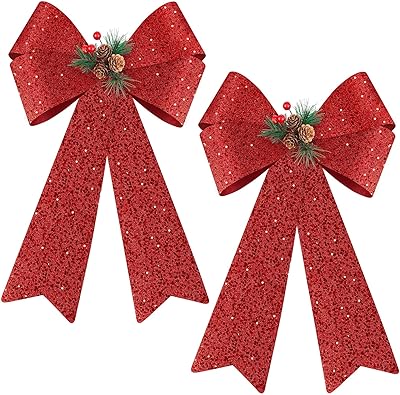 MCEAST MCEAST 2 Pack Red Christmas Bows Xmas Wreaths Garland Bows with Pinecones for Christmas Tree Ornaments Sets Indoor  - Image 1