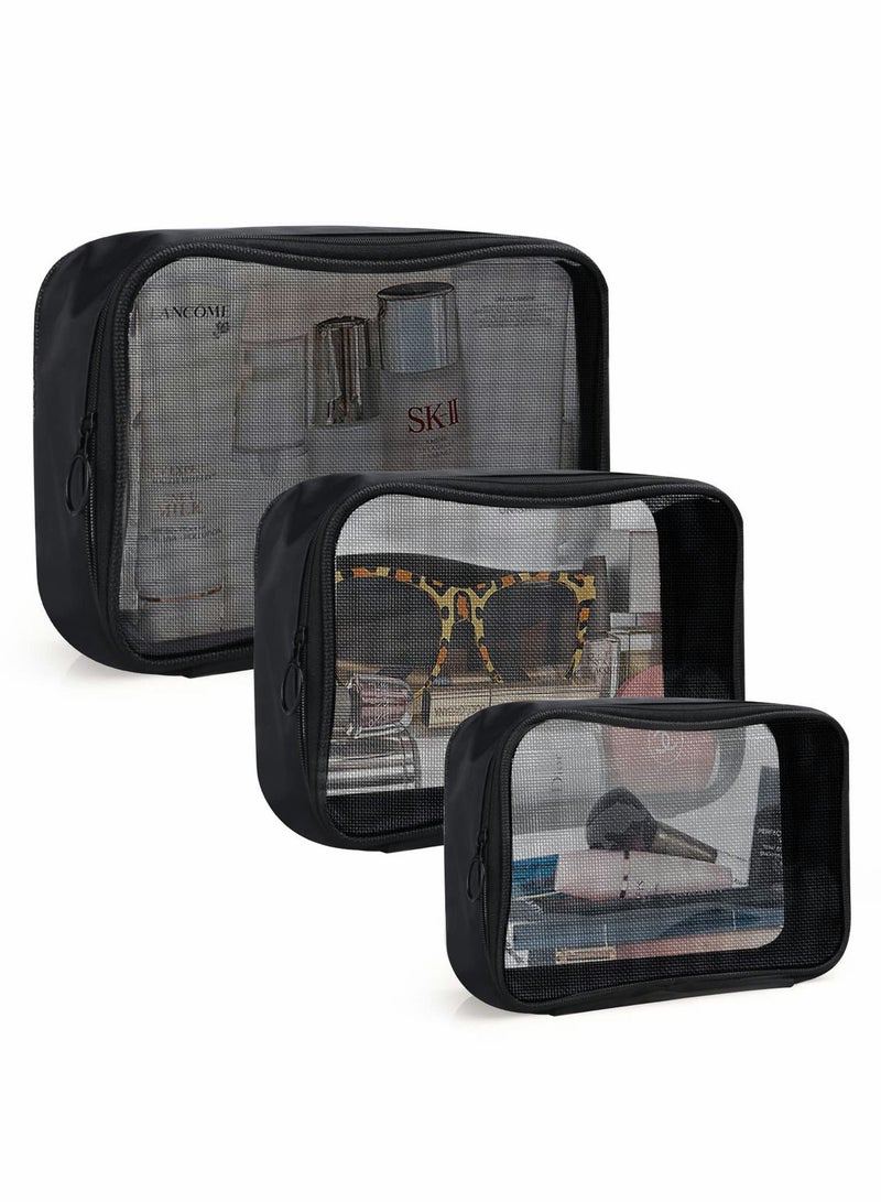 Excefore Travel Mesh Makeup Bags Set 3 Pieces See Through Zipper Pouch Cosmetic and Toiletry Organizer Bag for Offices Accessories, S M L(Black) - Image 1