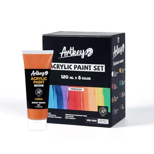 Artkey Acrylic Paint Set - 8 Colors (120 ml/4.06 oz) Tubes, Rich & Vibrant Pigments, Professional Artists Acrylic Paints - Art Supplies for Canvas Wood Rock Clay Fabric Ceramics Art Crafts Painting - Image 1