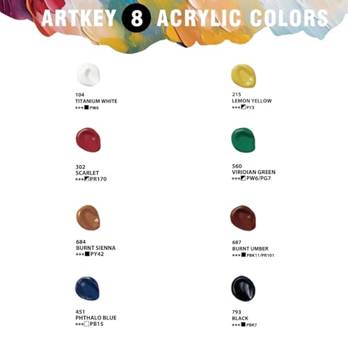 Artkey Acrylic Paint Set - 8 Colors (120 ml/4.06 oz) Tubes, Rich & Vibrant Pigments, Professional Artists Acrylic Paints - Art Supplies for Canvas Wood Rock Clay Fabric Ceramics Art Crafts Painting - Image 2