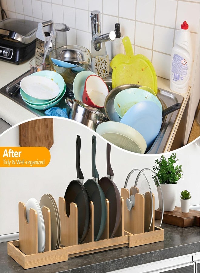 FoverOne Expandable Pot Lid Organizer, Bamboo Pot and Pan Organizer for Under Cabinet, 16" to 28" Adjustable Length and 8pcs Dividers - Image 5