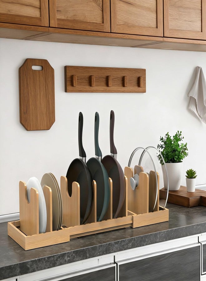 FoverOne Expandable Pot Lid Organizer, Bamboo Pot and Pan Organizer for Under Cabinet, 16" to 28" Adjustable Length and 8pcs Dividers - Image 3