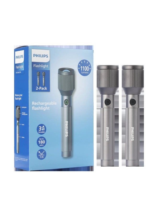 Philips 24W Rechargeable LED Torch Light (2 Pack) | 1100 Lumens Brightness | 950M Beam Range | Zoomable Focus | 3000mAh Battery | 5 Lighting Modes (High, Low, Dimming, Strobe, SOS) | Stepless Dimming | Water & Drop Resistant Alloy Body | Portable Flashlight for Home, Camping & Emergency Use grey - Image 1