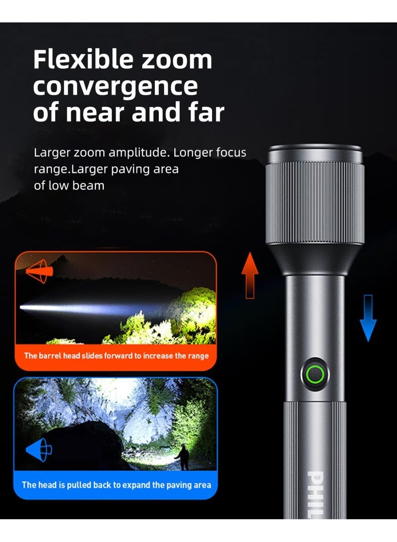 Philips 24W Rechargeable LED Torch Light (2 Pack) | 1100 Lumens Brightness | 950M Beam Range | Zoomable Focus | 3000mAh Battery | 5 Lighting Modes (High, Low, Dimming, Strobe, SOS) | Stepless Dimming | Water & Drop Resistant Alloy Body | Portable Flashlight for Home, Camping & Emergency Use grey - Image 4