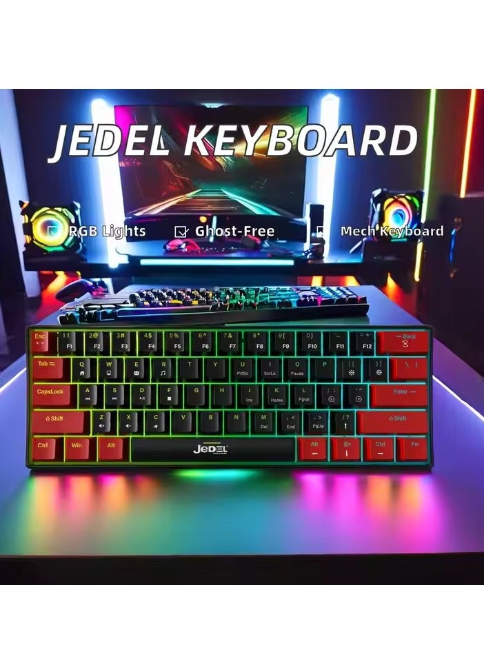 JeDEL KL69 60% Mechanical Gaming Keyboard Rainbow - Blue Switches - Detchable USB C Cable - English and Arabic Keys  - Image 2