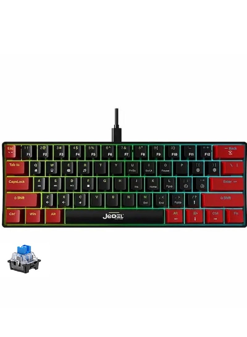 JeDEL KL69 60% Mechanical Gaming Keyboard Rainbow - Blue Switches - Detchable USB C Cable - English and Arabic Keys - Image 1