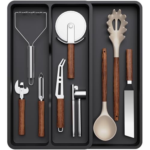 Lifewit Utensil Organizer for Kitchen Drawer Expandable Cooking Silverware Tray Adjustable Cutlery Flatware Holder Plastic Spatula Tools Storage Divider 144 x 158 Black - Image 1