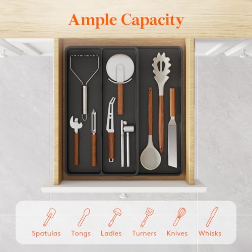 Lifewit Utensil Organizer for Kitchen Drawer Expandable Cooking Silverware Tray Adjustable Cutlery Flatware Holder Plastic Spatula Tools Storage Divider 144 x 158 Black - Image 3